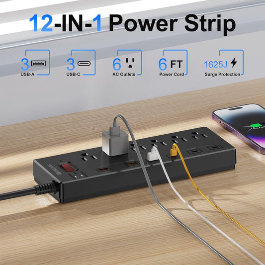 Power Strip, Surge Protector with 6 AC Outlets & 6 USB Ports (3 USB-C & 3 USB-A), 20W PD Fast Charging USB-C, 6 Ft Flat Plug Extension Cord with Multiple Outlet, 1625W/13A, for Home Office
