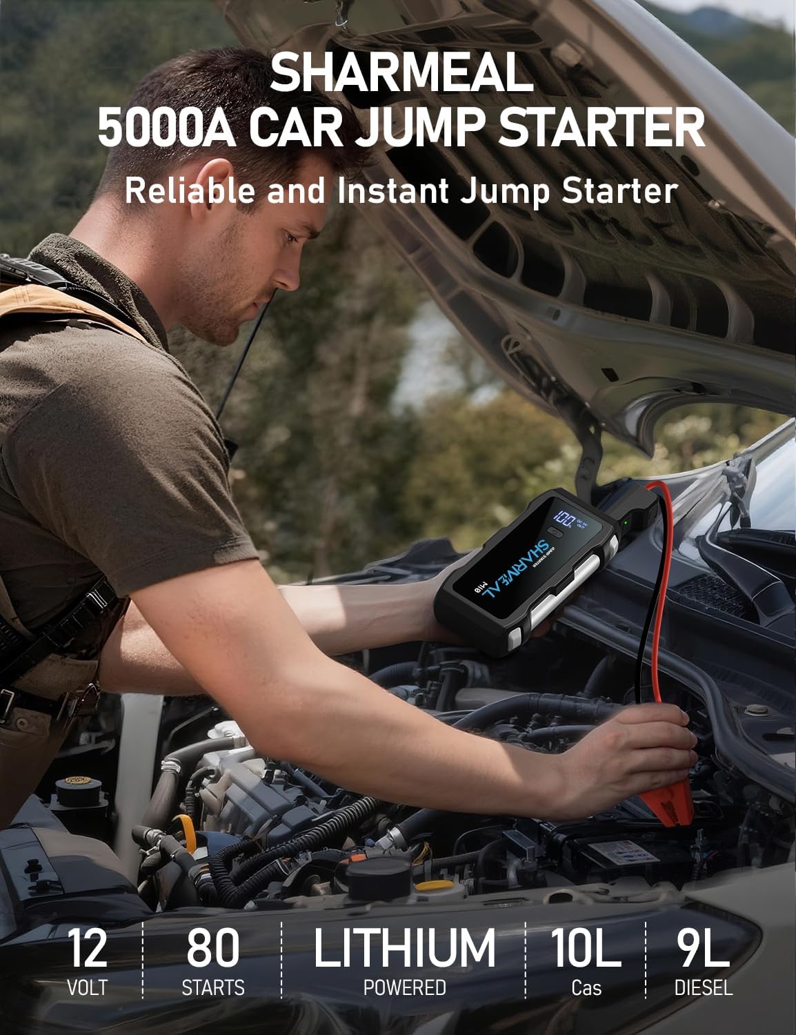 Jump Starter 5000A, 12V Car Battery Jump Starter with USB Quick Charge (Up to 10.0L Gas or 9.0L Diesel Engine), Battery Booster with 3 Modes Flashlight and Jumper Cable