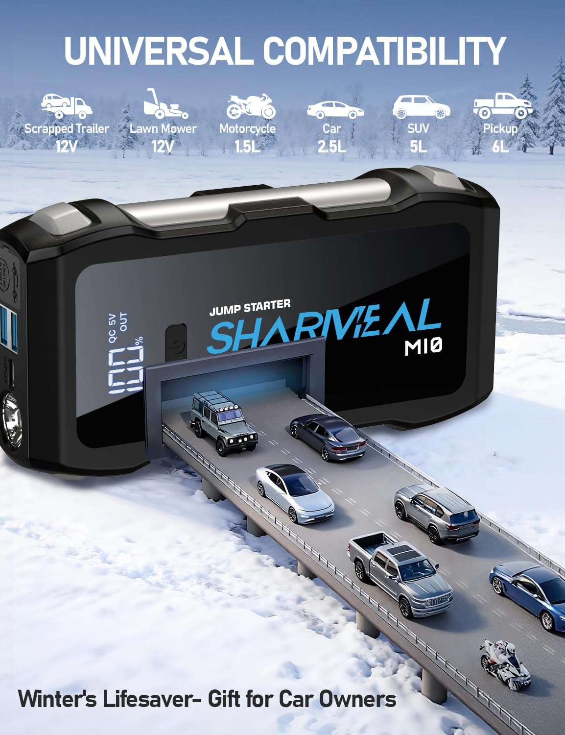 Jump Starter 5000A, 12V Car Battery Jump Starter with USB Quick Charge (Up to 10.0L Gas or 9.0L Diesel Engine), Battery Booster with 3 Modes Flashlight and Jumper Cable